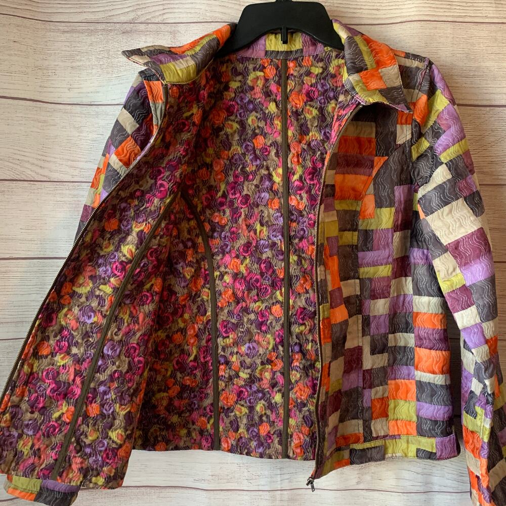 Reversible Multicolor Full Zip Jacket Patchwork Colorblock Quilt and Floral Side - Picture 2 of 16